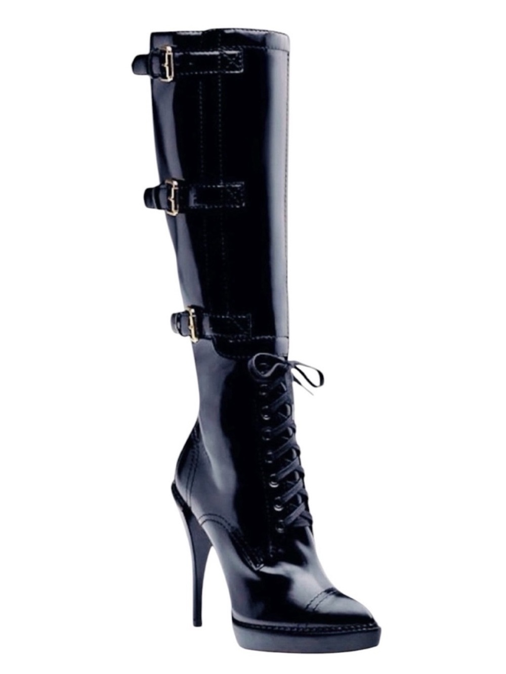 GUCCI Black Leather Riddle Knee High Lace-Up Platform Buckle Bondage Boot